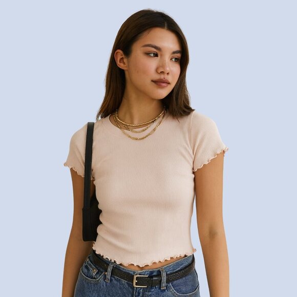 Forever 21 Pale Pink Ribbed Lettuce-Hem Crop Tee – Size M - Picture 1 of 6